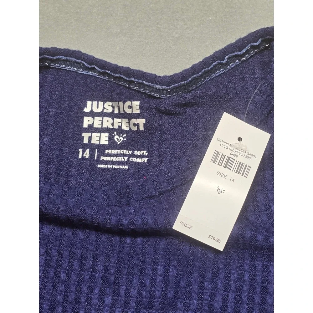 Justice Perfect Tee Girls Size 14 Navy Blue Ribbed Long Sleeve Lettuce Trim NEW